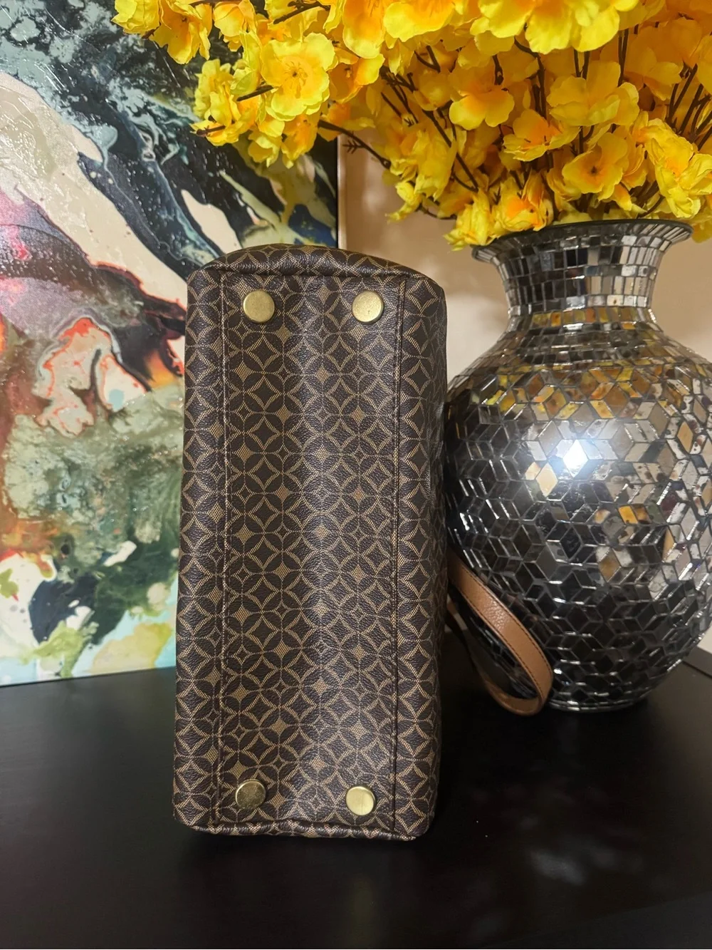 Fossil Brown Patterned Tote with Tan Trim